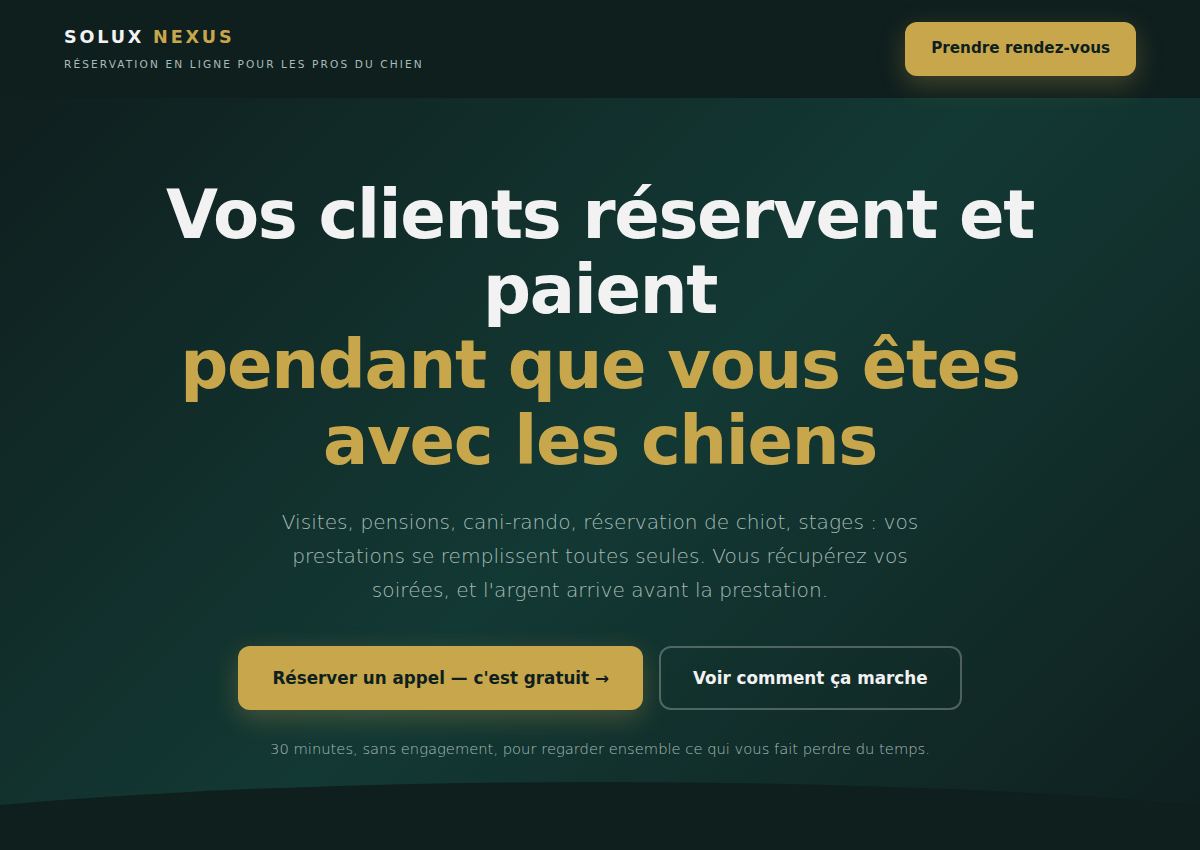 Page d'accueil de eleveurs.soluxnexus.fr : « Vos clients réservent et paient pendant que vous êtes avec les chiens »
