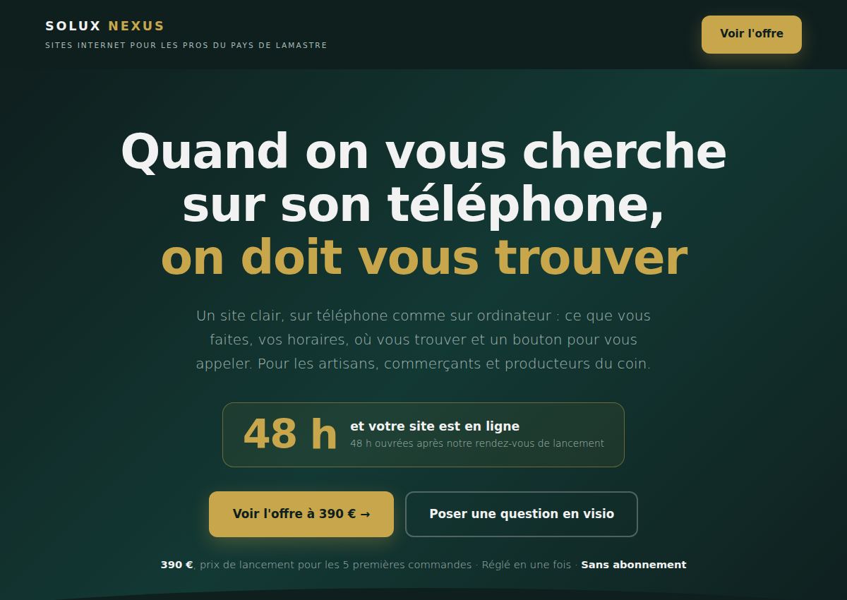 Page d'accueil de pros.soluxnexus.fr : « Quand on vous cherche sur son téléphone, on doit vous trouver »
